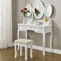 Toaletní stolek ELSA se 3 zrcadly, 7 zásuvek + taburet - bílá