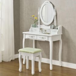 Toaletní stolek MIRA se zrcadlem, 4 zásuvky + taburet - bílá